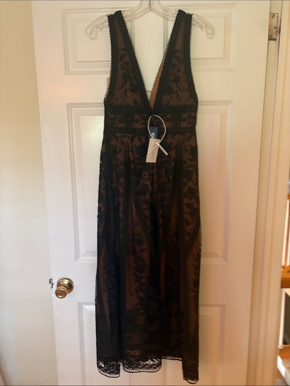 Plunge Lace Midi Dress in Black and Brown